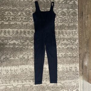 Black Ribbed Square-Neck Jumpsuit